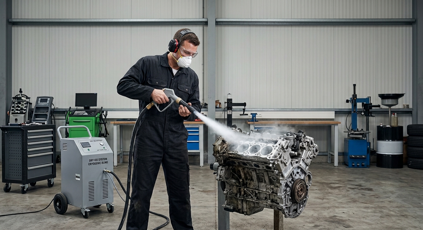 Technicien procède au décalaminage moteur automobile cyogénique.
