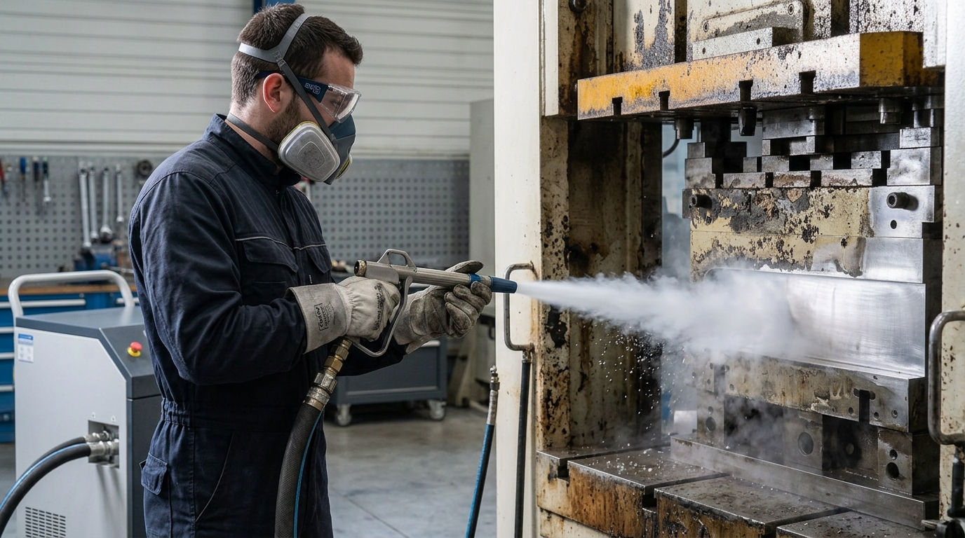 Technicien en exercice de décapage écologique avec la solution du nettoyage par cryogénie.